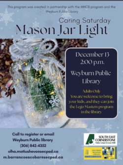 light blue backrgound with white snowflakes scattered across it. The middle left is a picture of mason jar with a small pine tree wrapped in fairy lights with fake snow on the ground around it. There is a silver lid with a silver sparkly  bow around the top of it.